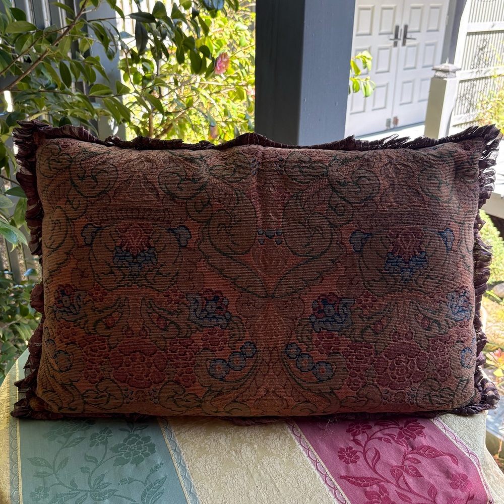 Handwoven Tapestry Throw Pillow in Muted Burgundy and Green Earth Tones
